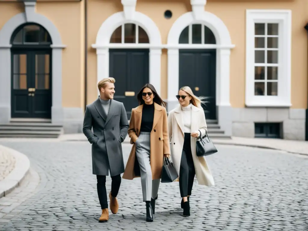 Jóvenes con estilo pasean en una ciudad escandinava, destacando el minimalismo en la moda escandinava y su impacto cultural