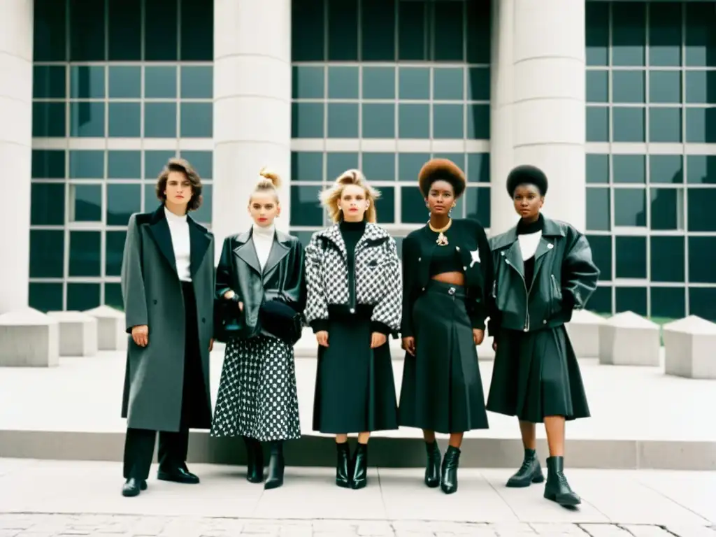 Jóvenes con estilos subversivos moda era soviética parados frente a edificio austero en Moscú, 1980s