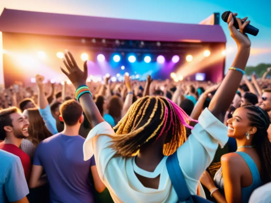 Jóvenes disfrutan de festival al aire libre, vistiendo ropa colorida, bailando y cantando