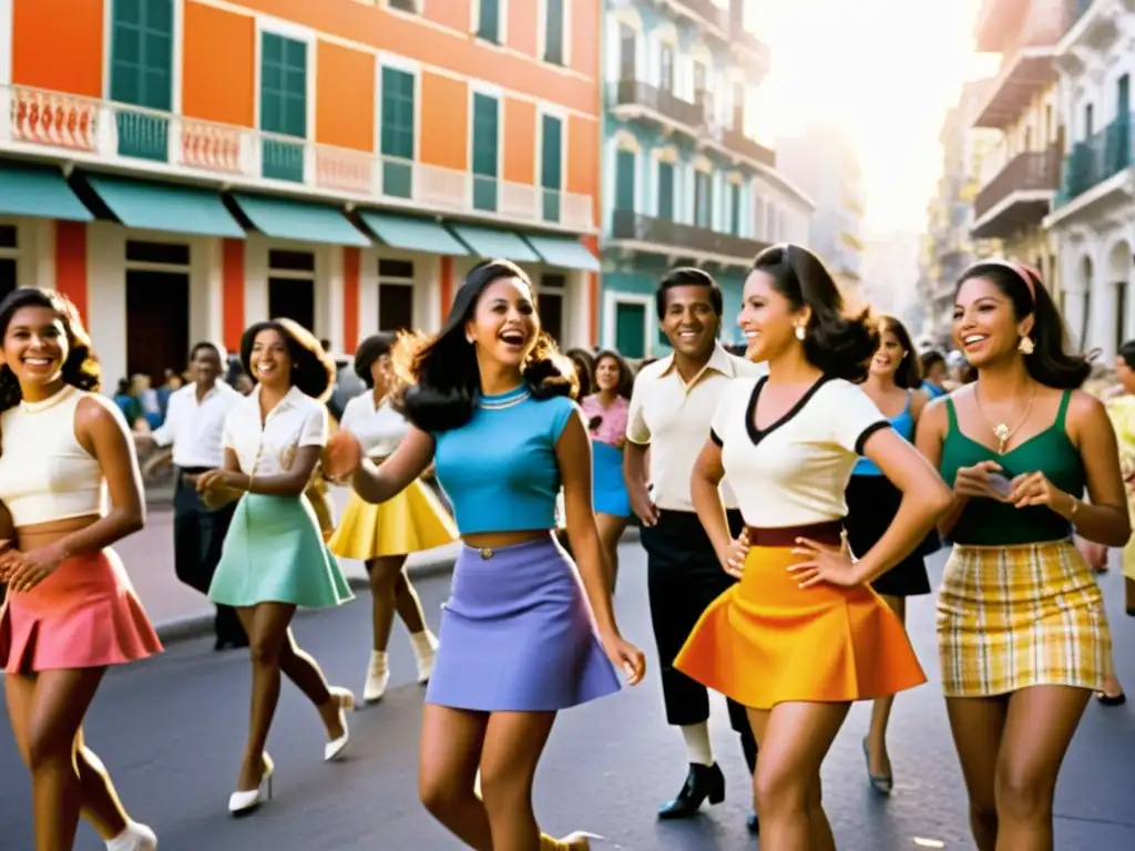 Jóvenes latinas bailando en las calles de una ciudad latinoamericana en los años 60, reflejando el impacto cultural de la minifalda en América Latina