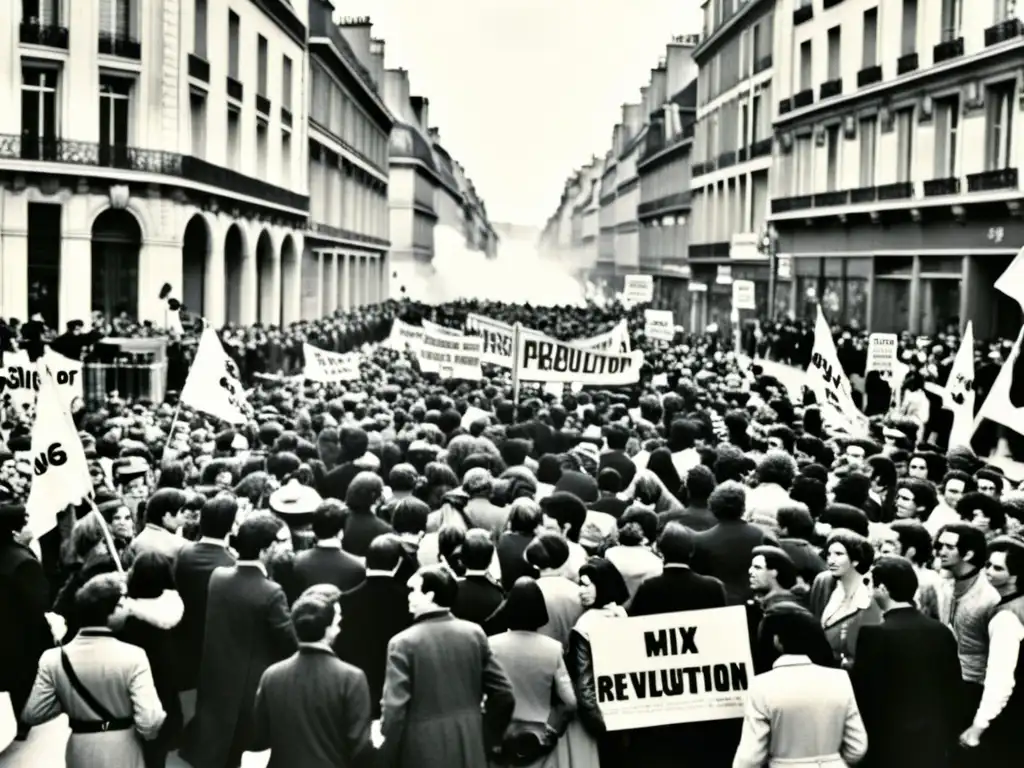 Jóvenes manifestantes marchan por las calles de París en mayo de 1968, llevando letreros con consignas revolucionarias