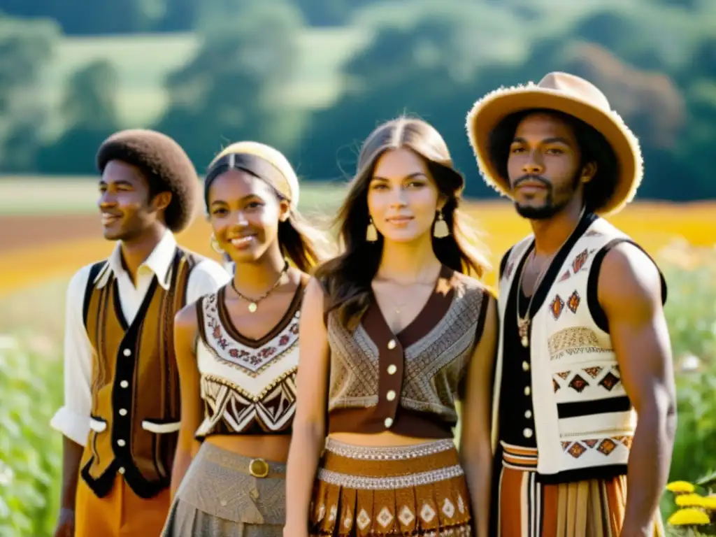 Jóvenes en moda boho chic años 70 disfrutan de la naturaleza en un campo soleado con flores al fondo, transmitiendo libertad y armonía