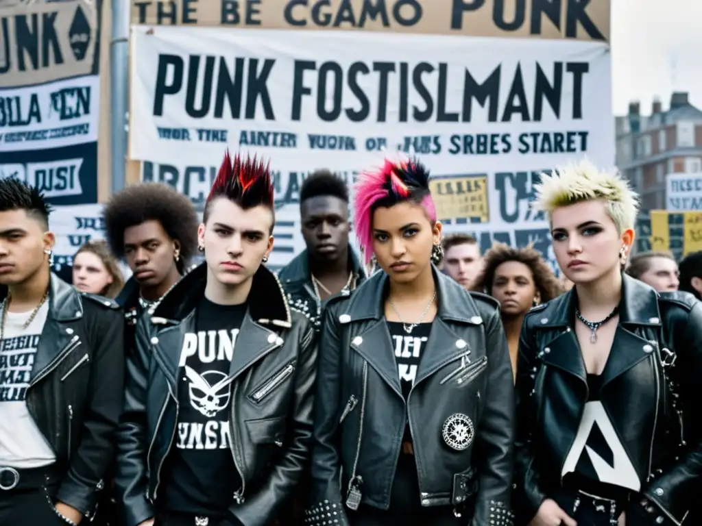 Jóvenes con moda punk frente a protesta política en la ciudad