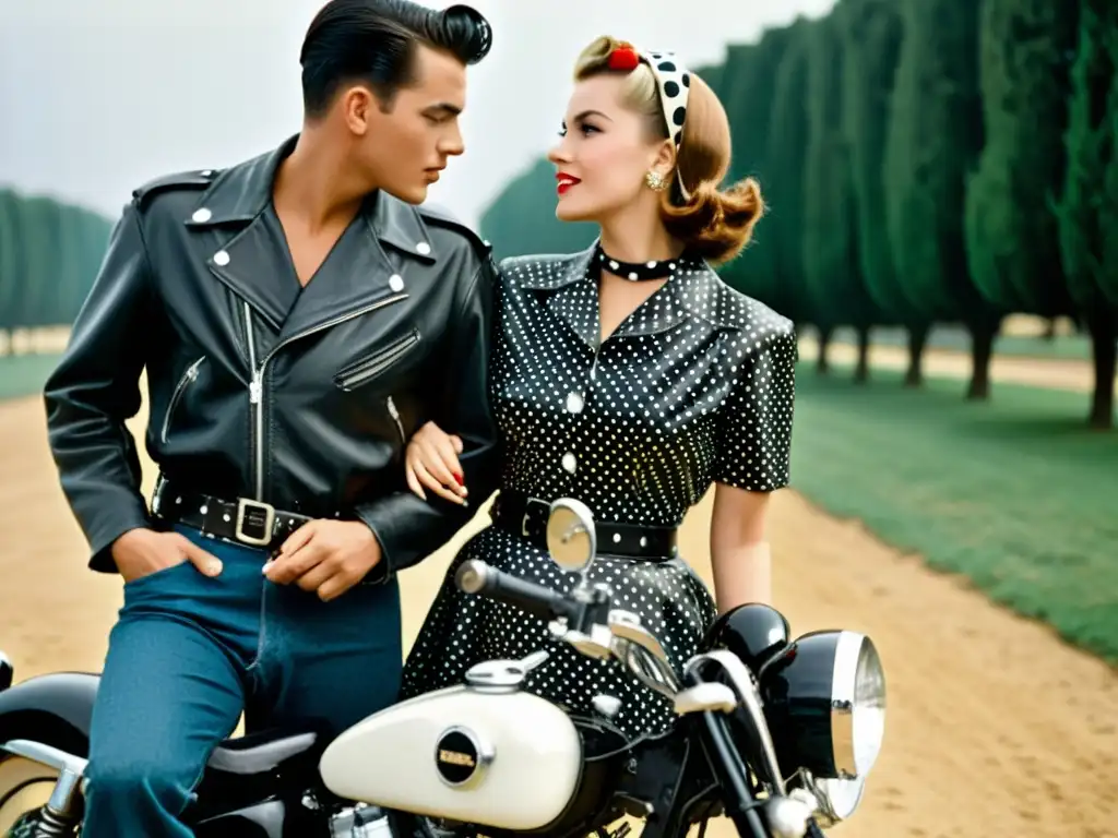 Jóvenes parecen moda rock and roll años 50, con chaqueta de cuero, vestido de lunares y actitud rebelde en la ciudad