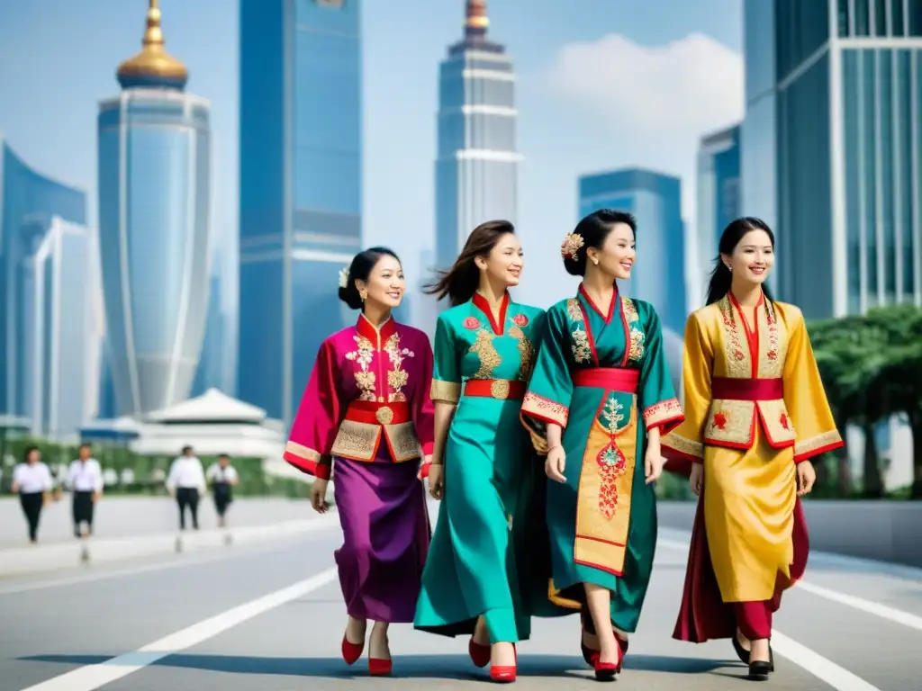 Jóvenes mujeres asiáticas en ropa tradicional, caminando seguras en la ciudad