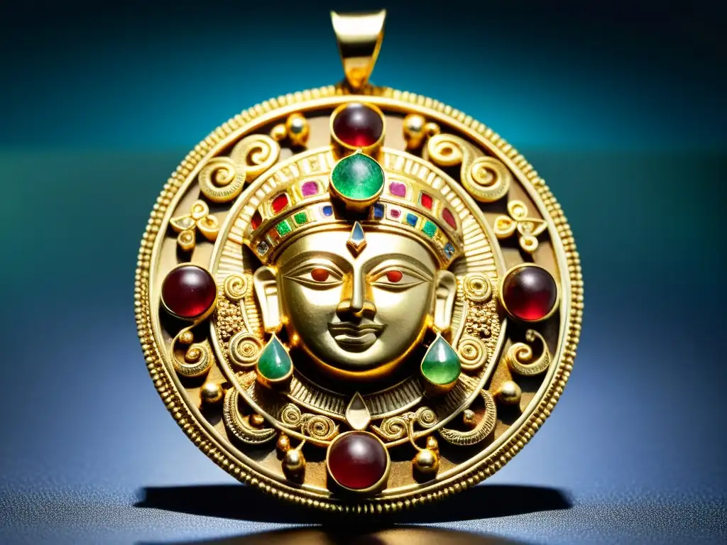 Una joya precolombina de oro con filigrana y gemas vibrantes, reflejando la historia y el impacto cultural de la era