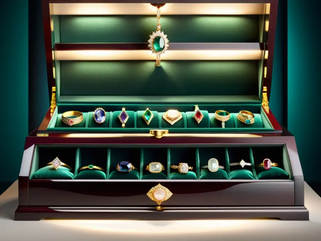 Joyas exclusivas de colección, historia y moda: exhibición de joyería con gemas preciosas y detalles intrincados, iluminados suavemente