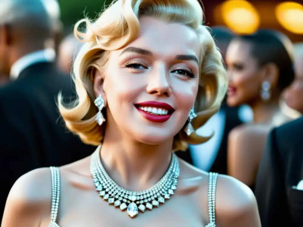 Marilyn Monroe luce joyas de Hollywood en la moda en un evento glamoroso, irradiando el encanto atemporal de la Era Dorada de Hollywood