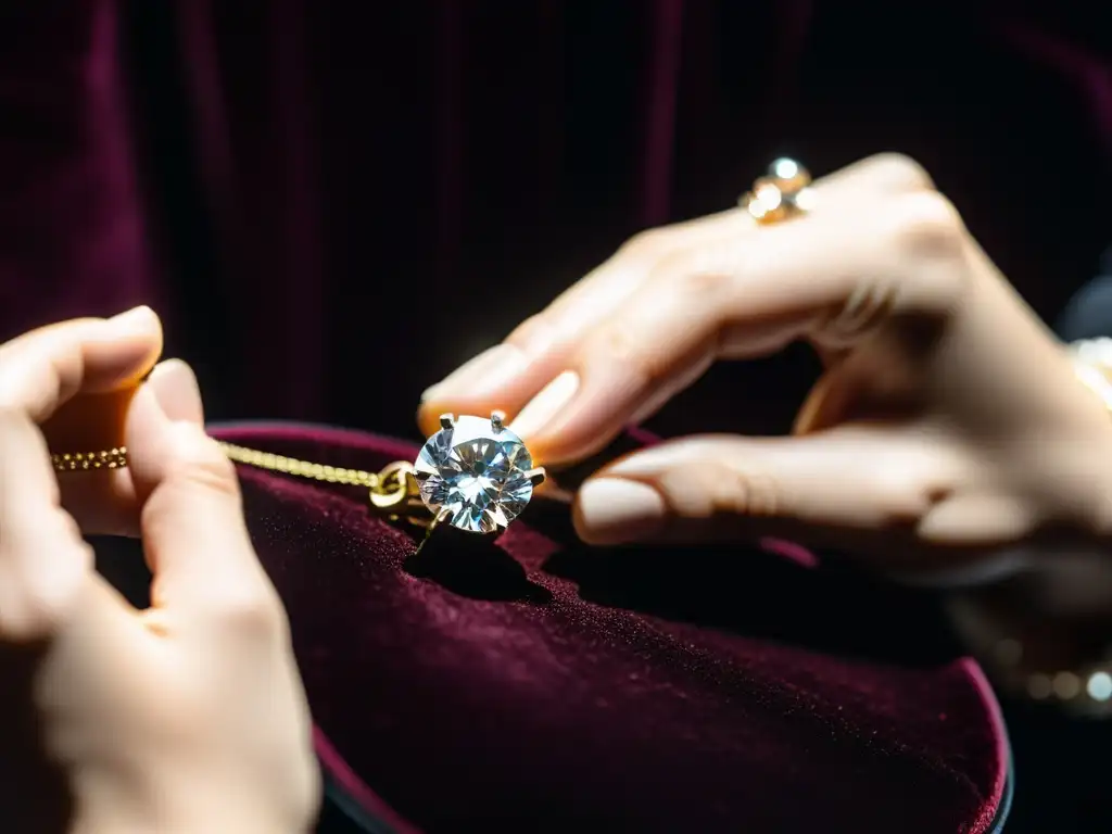 Un joyero examina con cuidado un lujoso collar de diamantes bajo intensa luz, destacando su elegancia y detalle