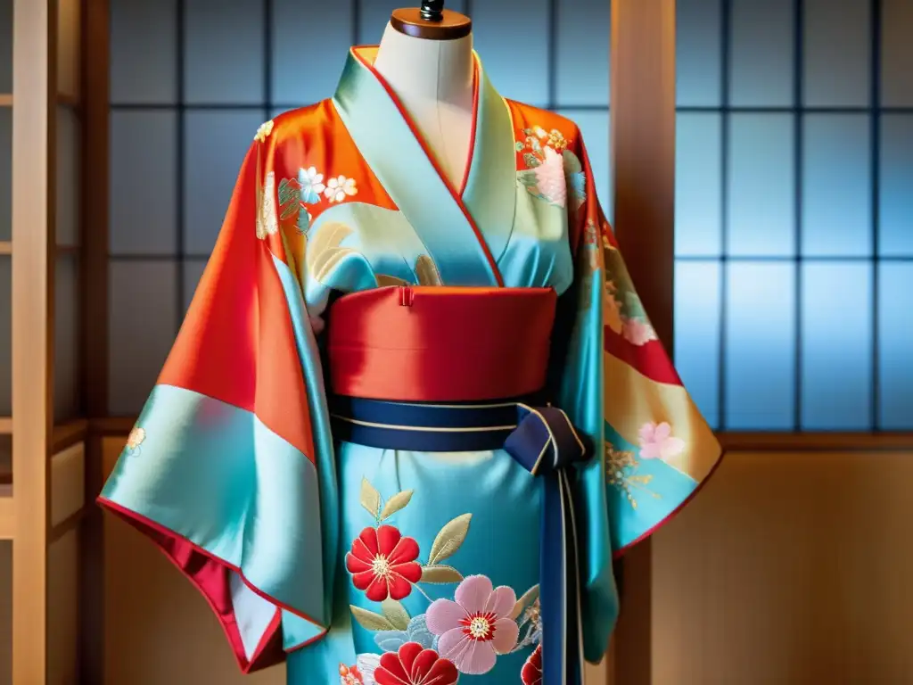 Un kimono japonés exhibido en un museo, resaltando sus detalles y elegancia