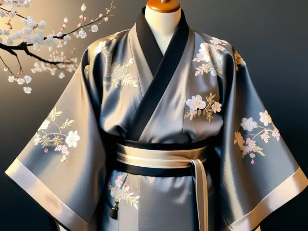 Kimono japonés de luto con bordados de cerezos en tonos sombríos