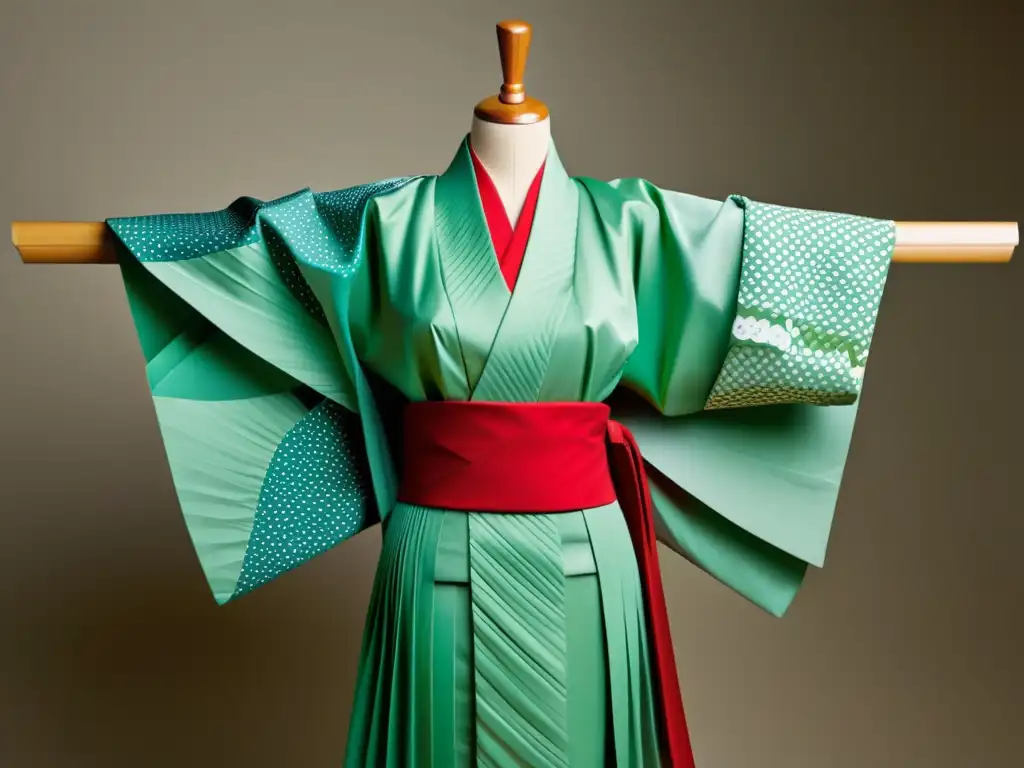 Un kimono japonés con pliegues inspirados en origami, exhibiendo la evolución de la moda origami en Japón