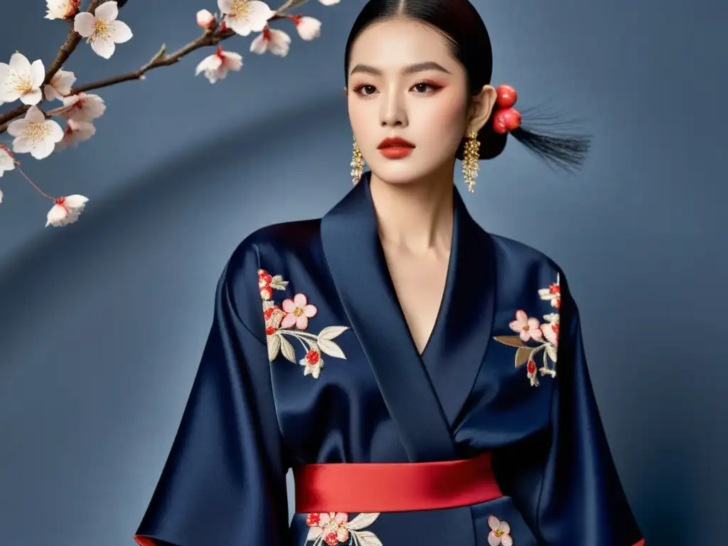 Kimono japonés tradicional con bordados de cerezos contrasta con traje occidental moderno en azul