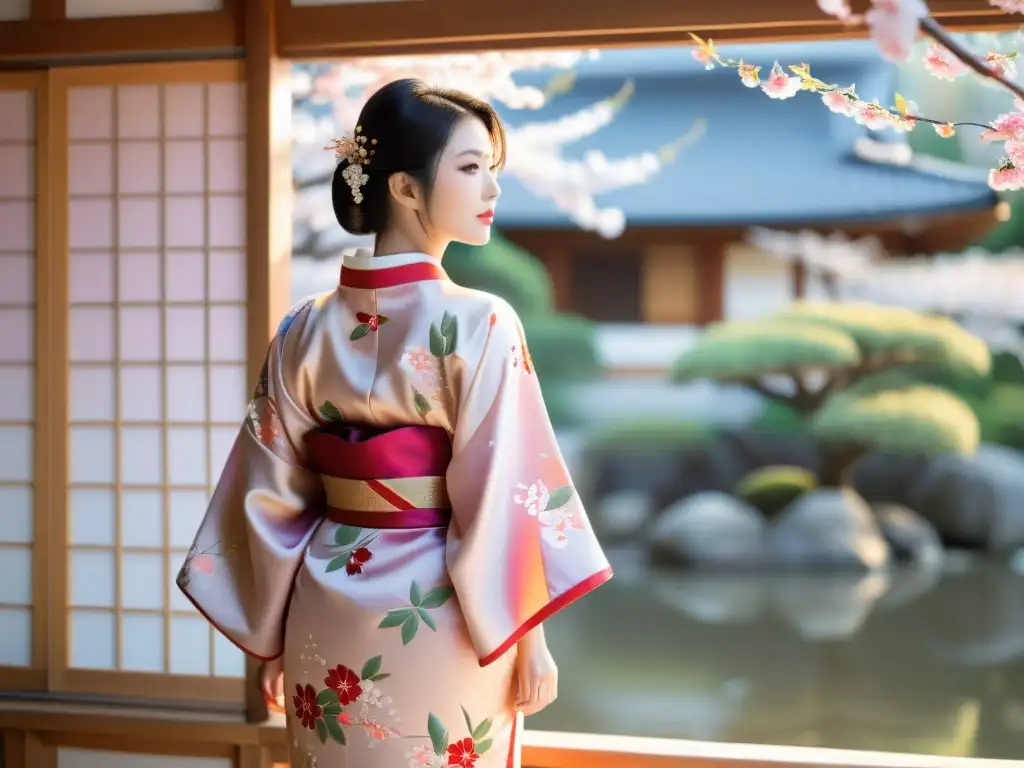 Un kimono japonés tradicional exhibido en un maniquí, con bordados intrincados y colores vibrantes, en un jardín japonés sereno con sakuras en flor y una casa de té de madera