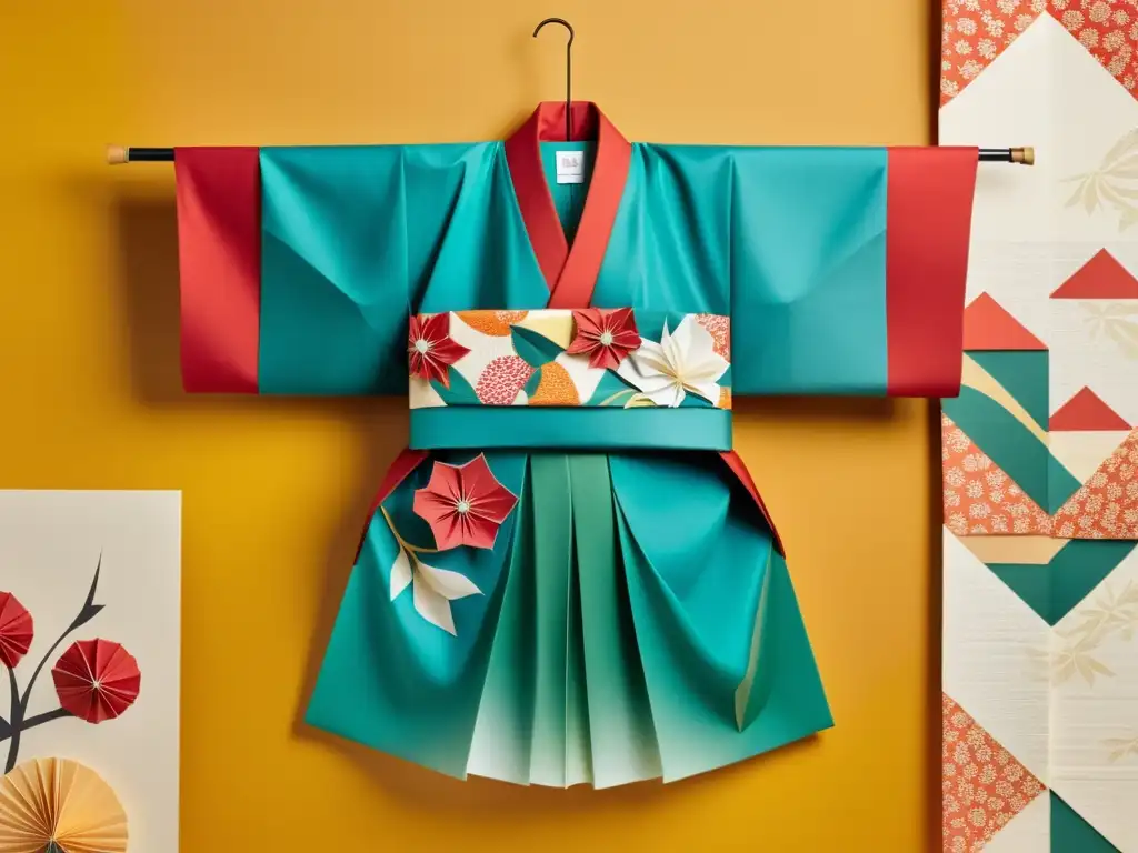 Un kimono de origami con pliegues precisos y patrones florales, evocando la esencia de Moda Origami Japón tendencias pliegues