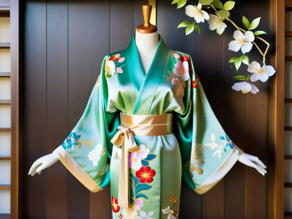 Un kimono de seda bordado con patrones florales y detalles en hilo de oro, exhibido en un maniquí de madera