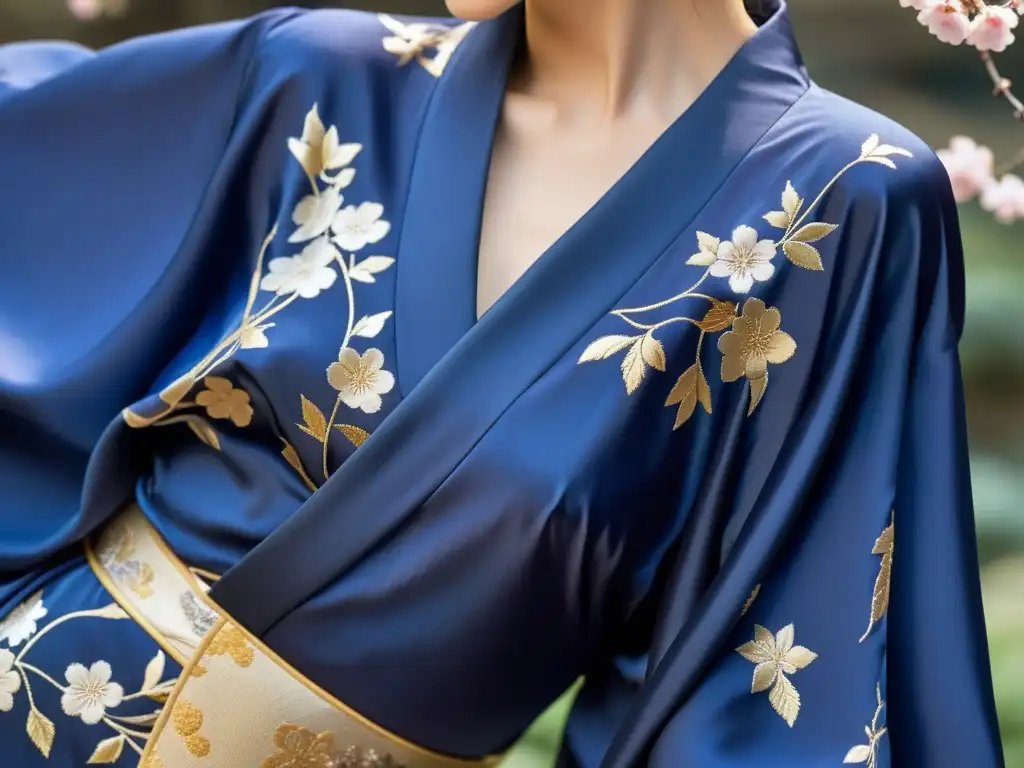 Un kimono de seda indigo con flores de cerezo pintadas a mano y bordados dorados