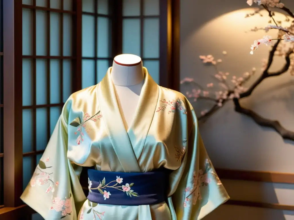 Un kimono de seda con motivos de flores de cerezo, exhibiendo su impacto cultural e histórico en la moda mundial