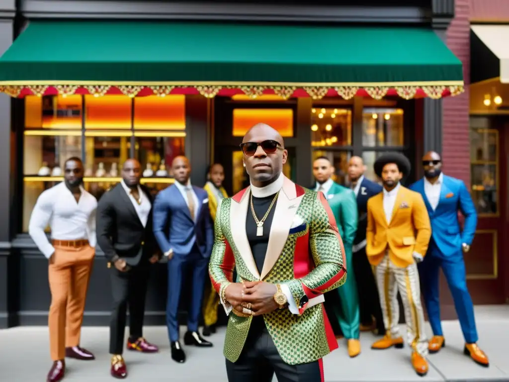 El legado de Dapper Dan en streetwear cobra vida en esta imagen de su boutique en Harlem, rodeado de moda urbana de lujo y un grupo diverso de seguidores con estilo