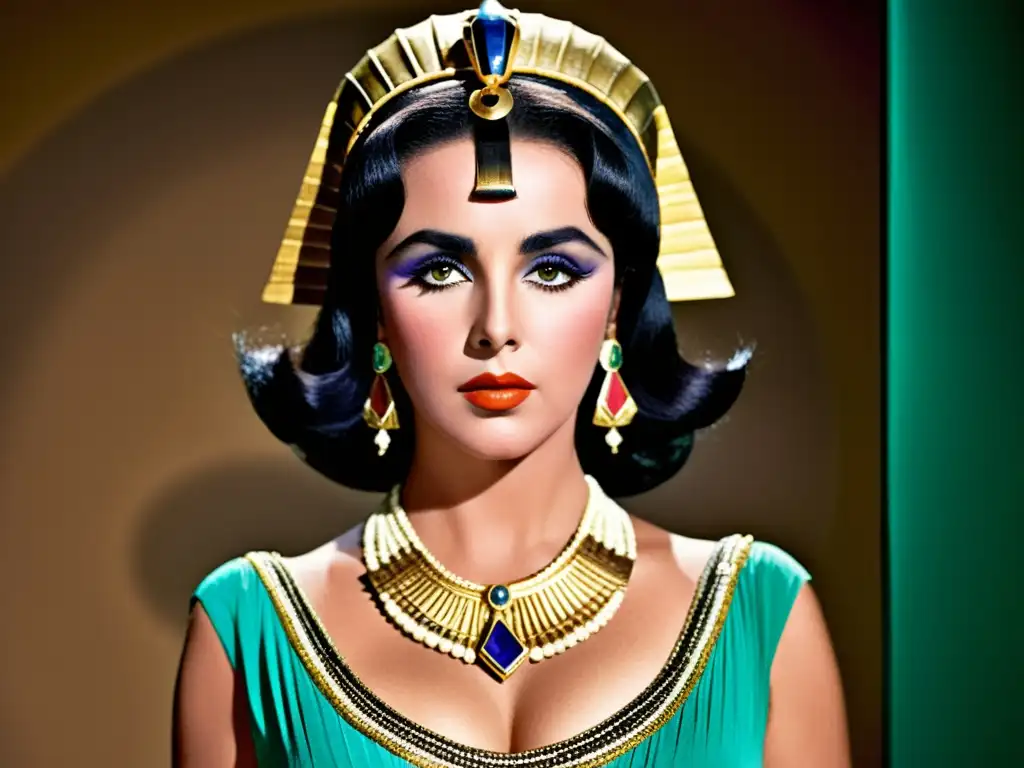 La legendaria Elizabeth Taylor como Cleopatra, llevando un atuendo egipcio opulento, joyas de oro y maquillaje dramático