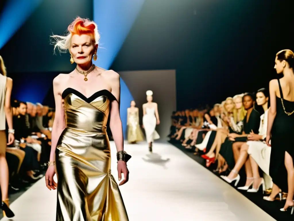 La legendaria diseñadora Vivienne Westwood supervisa con confianza su impactante desfile de moda, reflejando su influyente trayectoria en la moda