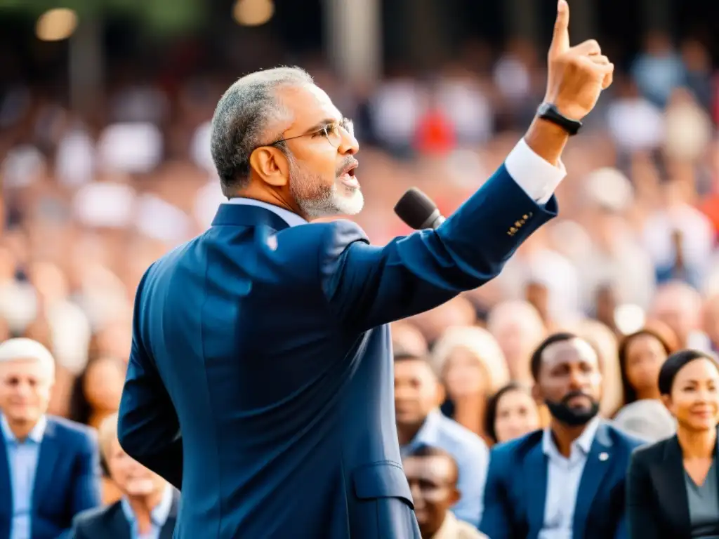 Un líder político carismático inspirando a una multitud diversa con su discurso apasionado