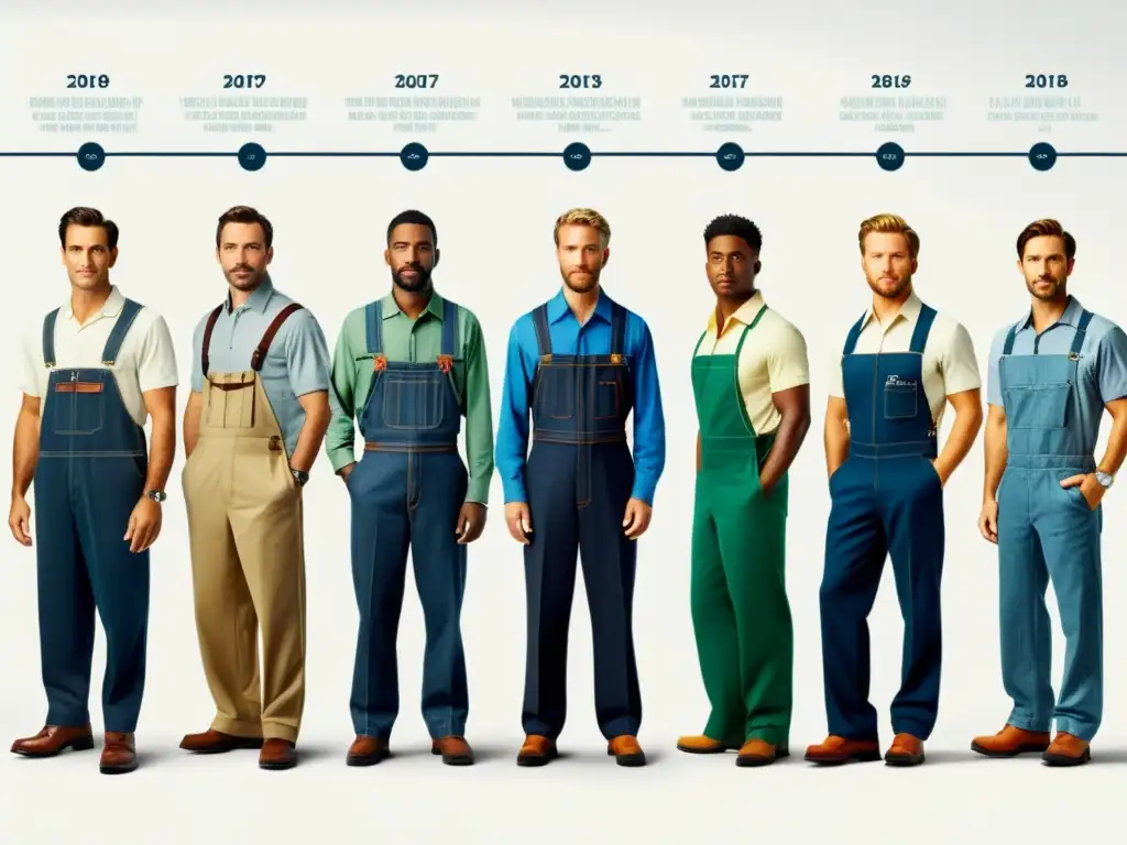 Una línea del tiempo detallada muestra la evolución de la vestimenta laboral masculina, desde monos tradicionales hasta trajes de negocios modernos