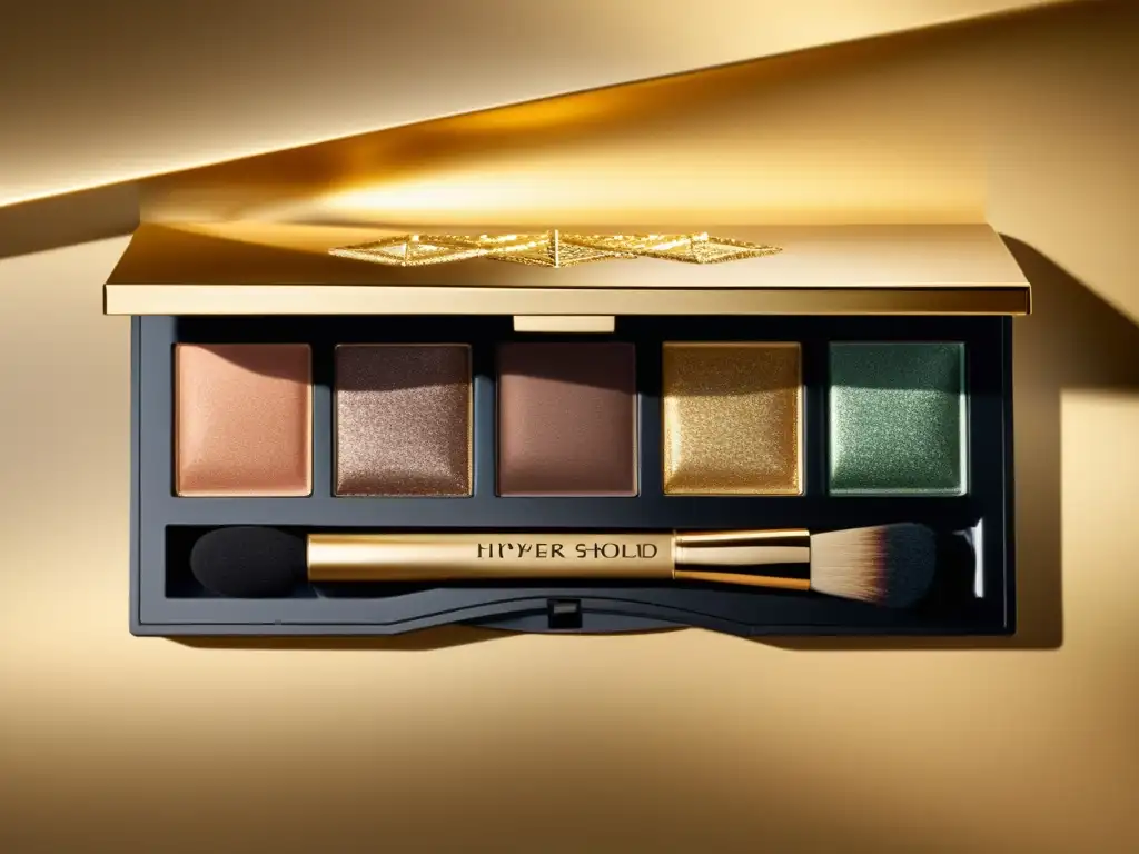 Una lujosa paleta de sombras de ojos con impacto cultural, en elegante empaque dorado y colores vibrantes y brillantes, resaltada por su luz natural