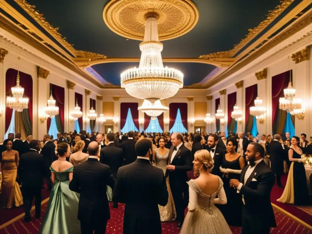 Una lujosa sala de baile del siglo XIX llena de elegantes hombres y mujeres, con atuendos opulentos y a la moda