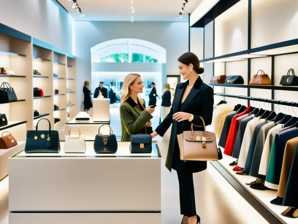 Una lujosa tienda de consignación con clientes elegantes examinando ropa y accesorios de diseñadores