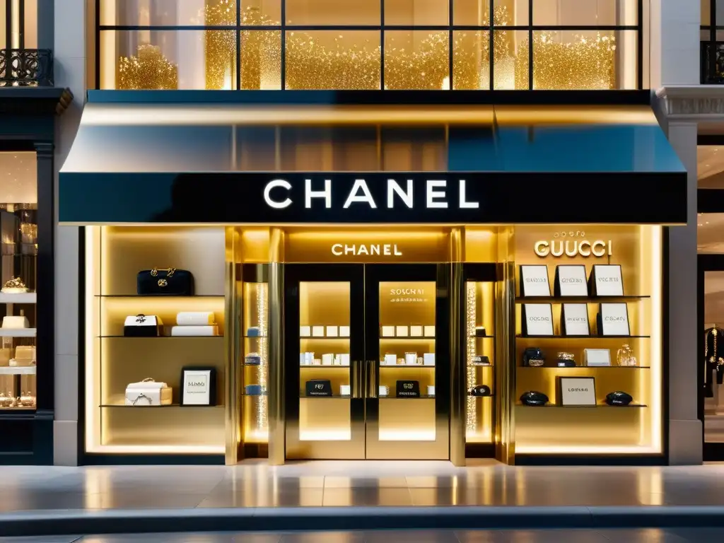 Una lujosa tienda con marcas como Chanel, Gucci y Prada iluminada por una suave luz dorada