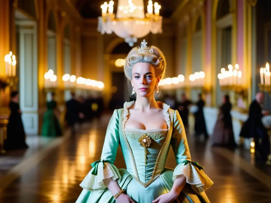 Marie Antoinette en un lujoso salón de Versalles, luce un vestido pastel y joyas, proyectando la elegancia de la monarquía francesa