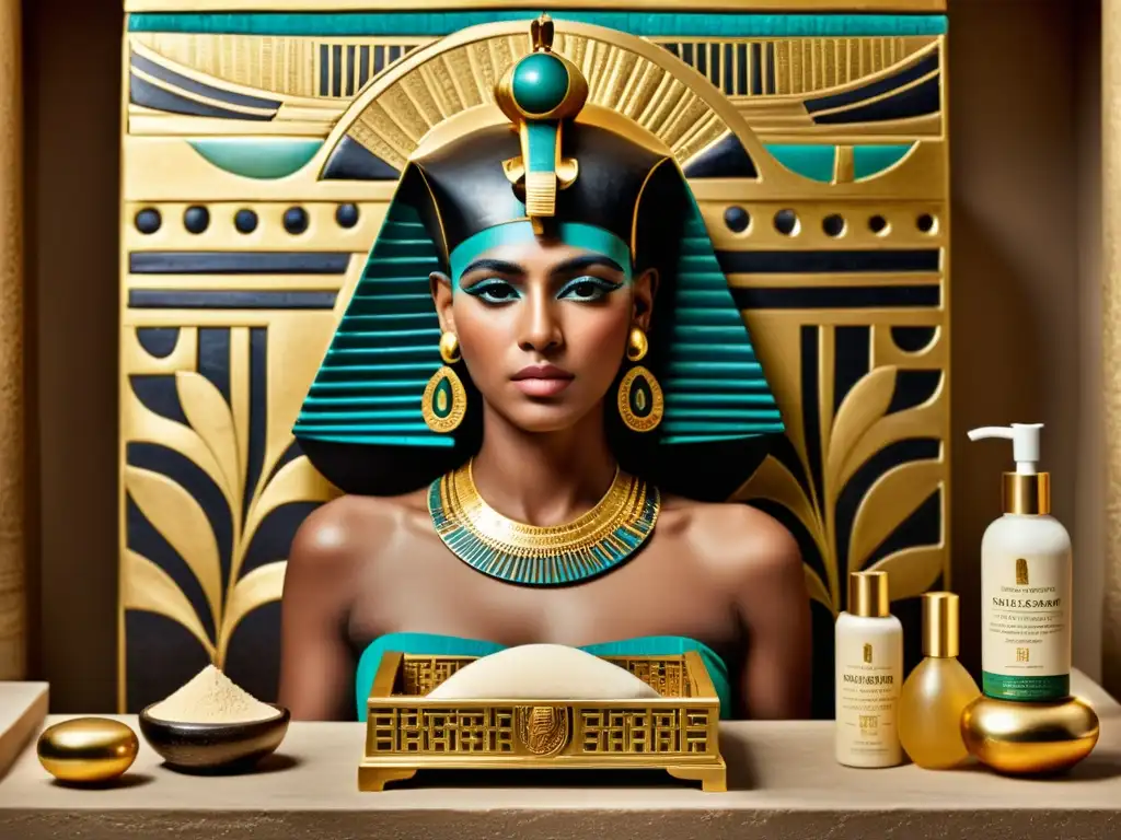 Cleopatra recibe un lujoso tratamiento facial en el antiguo Egipto, mostrando la opulencia y exclusividad de los tratamientos faciales en la historia y su influencia en la moda