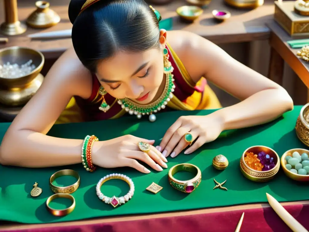 Un maestro artesano asiático crea joyas rodeado de gemas, herramientas e influencia asiática en diseño de joyas