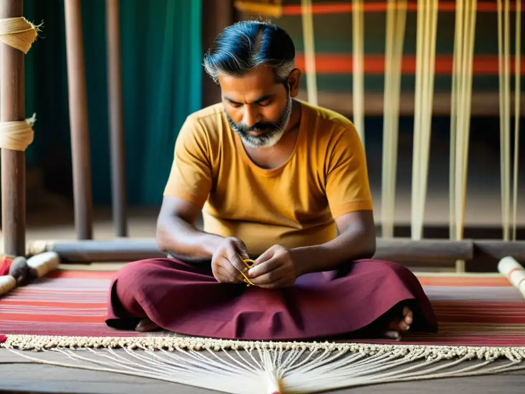 Un maestro artesano indio teje con habilidad en un telar tradicional, inmerso en la rica herencia de los artesanos textiles tradicionales de la India