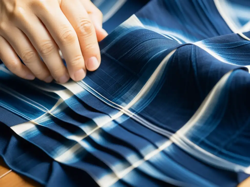 Maestro artesano japonés crea shibori en tela índigo, evocando técnicas tradicionales japonesas shibori moda con elegancia atemporal