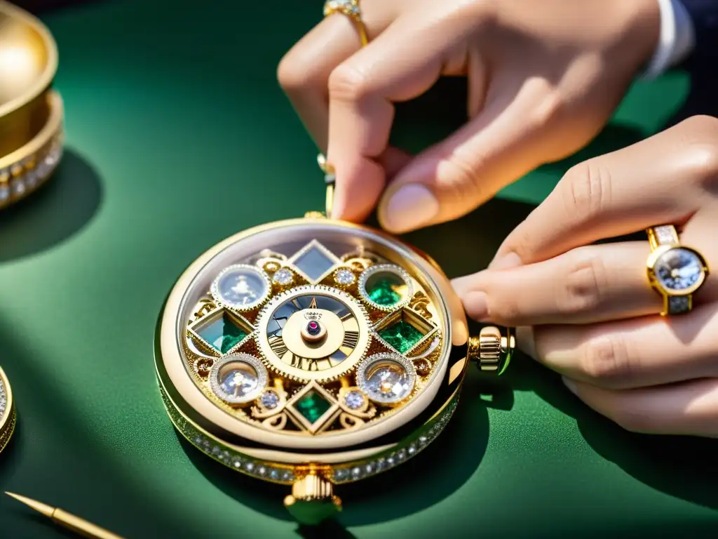 Un maestro artesano crea con precisión un reloj de joyas de lujo alta relojería, mostrando elegancia y artesanía meticulosa