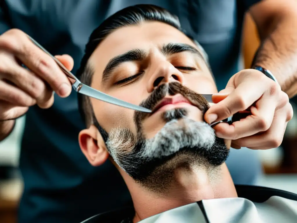 Un maestro barbero realiza un afeitado clásico con navajas elegantes, mostrando destreza y elegancia en un ambiente cálido y nostálgico