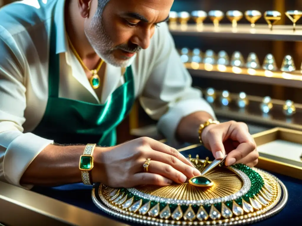 Maestro joyero creando un collar de lujo con diamantes, tendencias alta costura joyería lujo