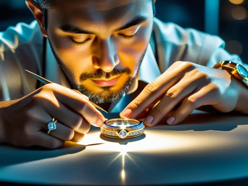 Un maestro joyero coloca con delicadeza un diamante en un lujoso reloj