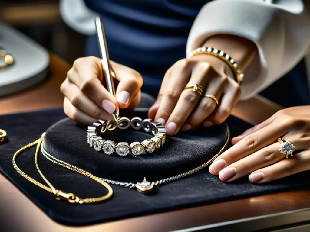 Un maestro joyero crea con esmero un lujoso collar de diamantes en su moderno taller, reflejando la fusión de tradición y lujo en la era digital