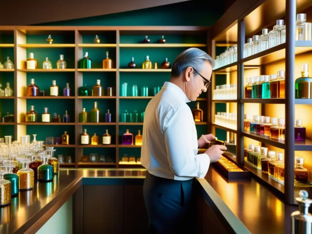 Un maestro perfumista mezcla ingredientes raros en un lujoso laboratorio soleado