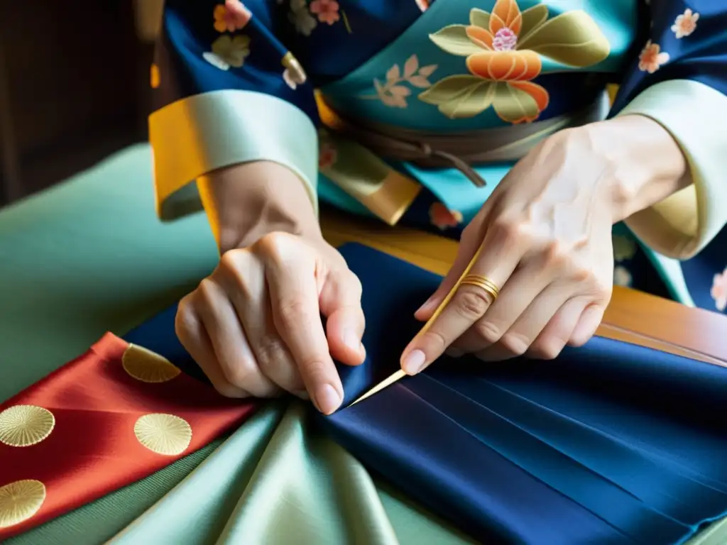 Un maestro sastre japonés con influencia de la indumentaria histórica japonesa, confeccionando un kimono de seda vibrante en su taller sereno