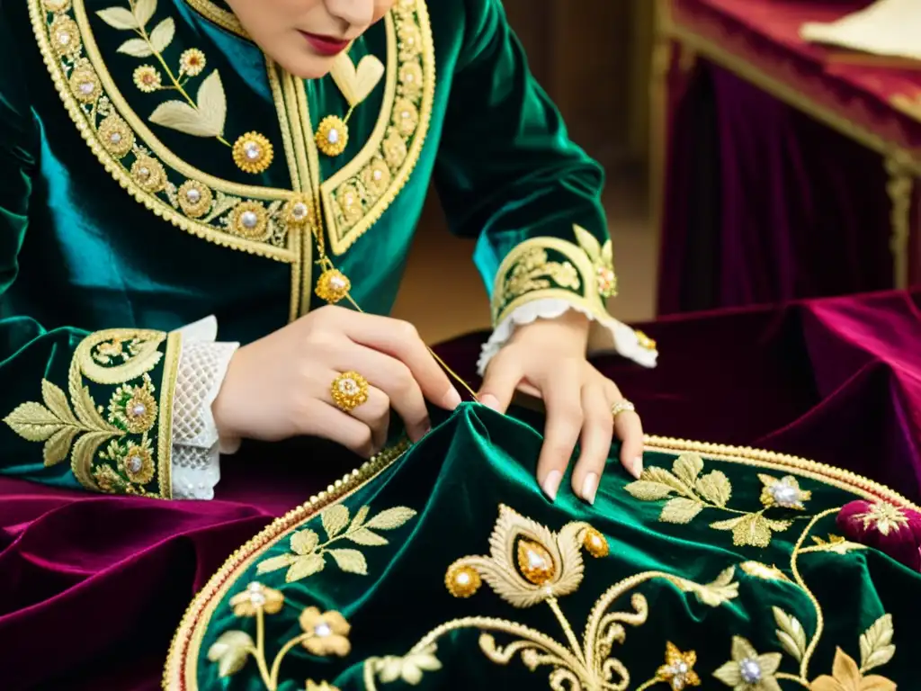 Un maestro sastre confecciona meticulosamente una prenda ornamental en un lujoso atelier, evocando las técnicas de confección en la corte europea