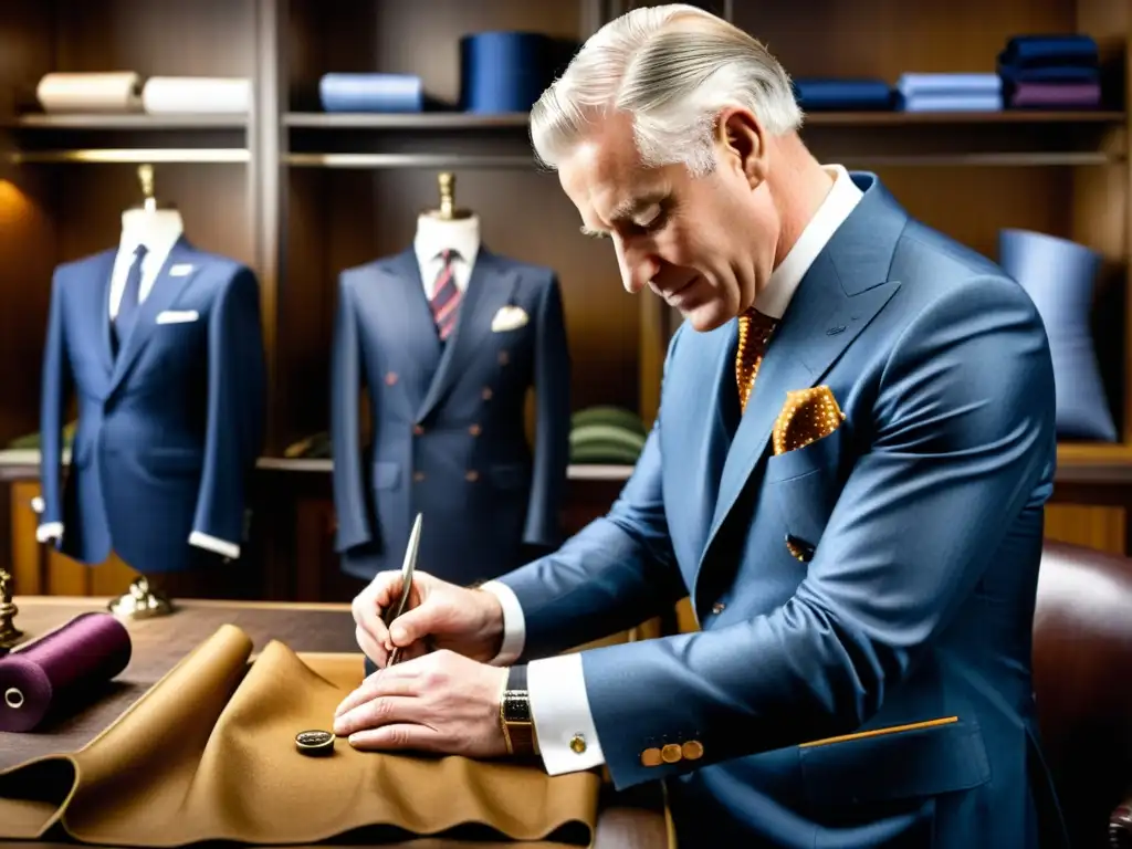 Un maestro sastre en Savile Row crea meticulosamente un traje de lujo, rodeado de herramientas tradicionales