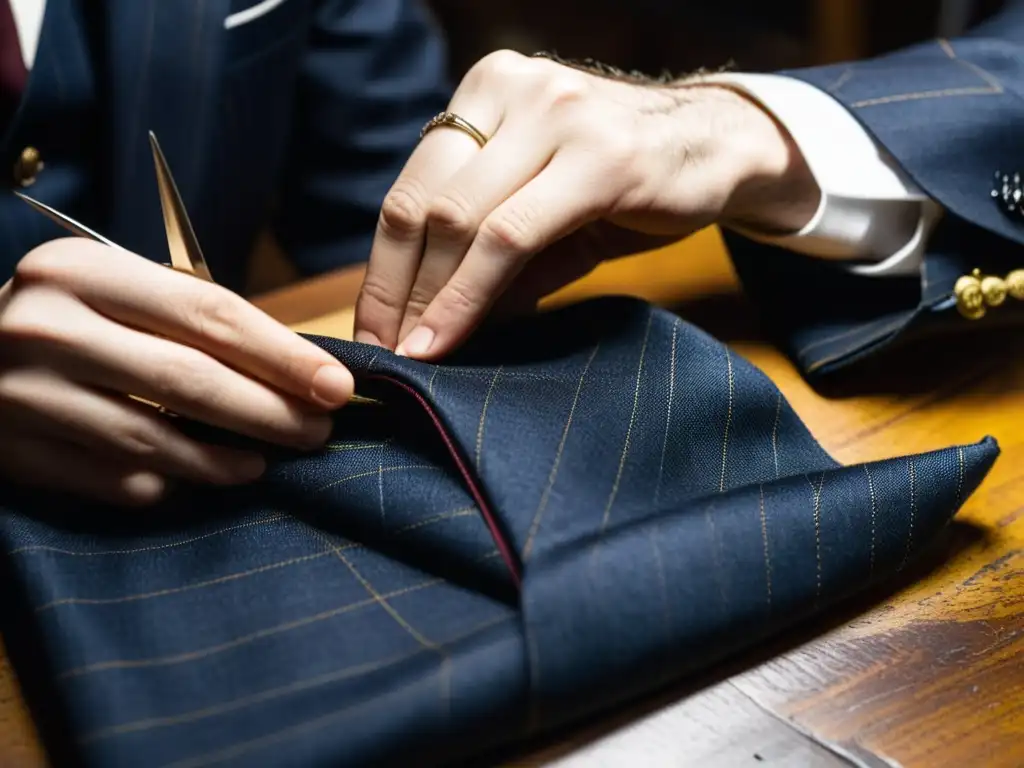 El maestro sastre de Savile Row cose meticulosamente un traje de lana en su taller, destacando la artesanía de la icónica moda masculina de Savile Row