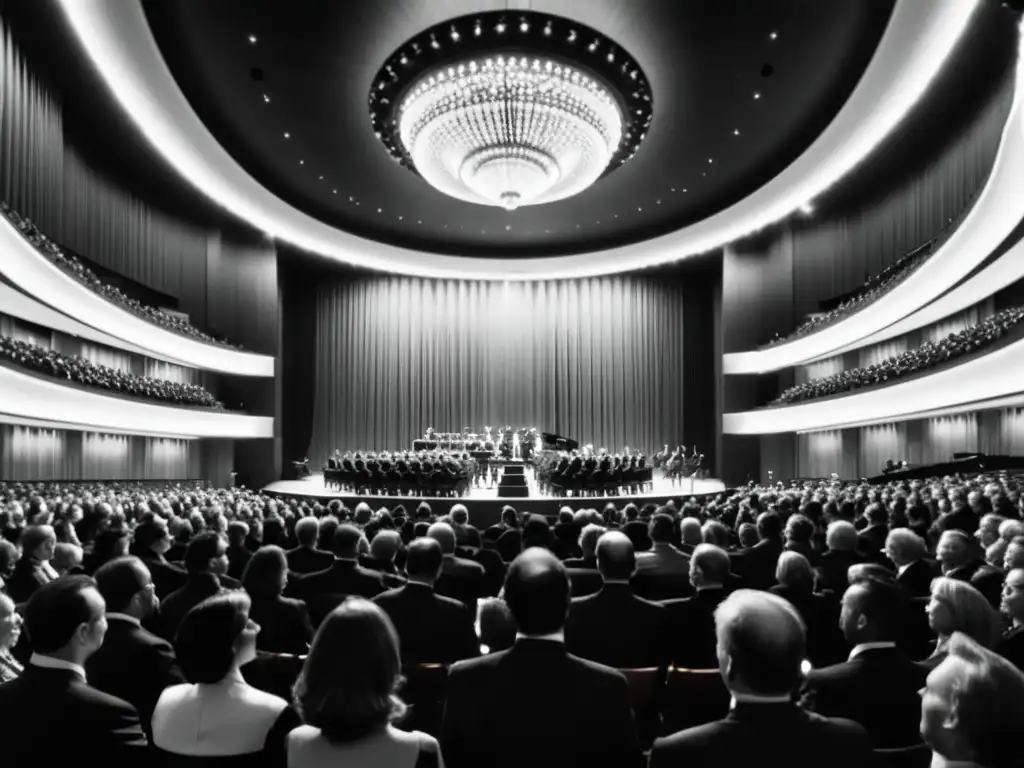 Una majestuosa sala de conciertos llena de elegantes espectadores, con el escenario ocupado por una orquesta y su director