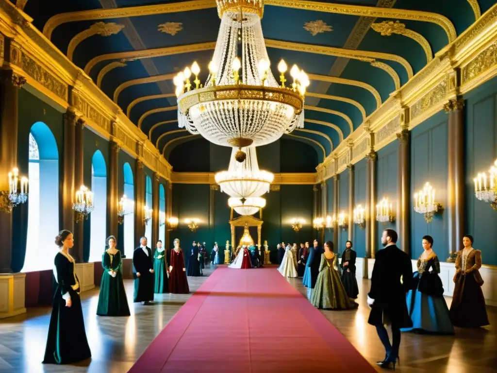 En el majestuoso salón del Palacio Medici, nobles visten lujosos atuendos renacentistas, capturando la moda en la Corte de los Médici