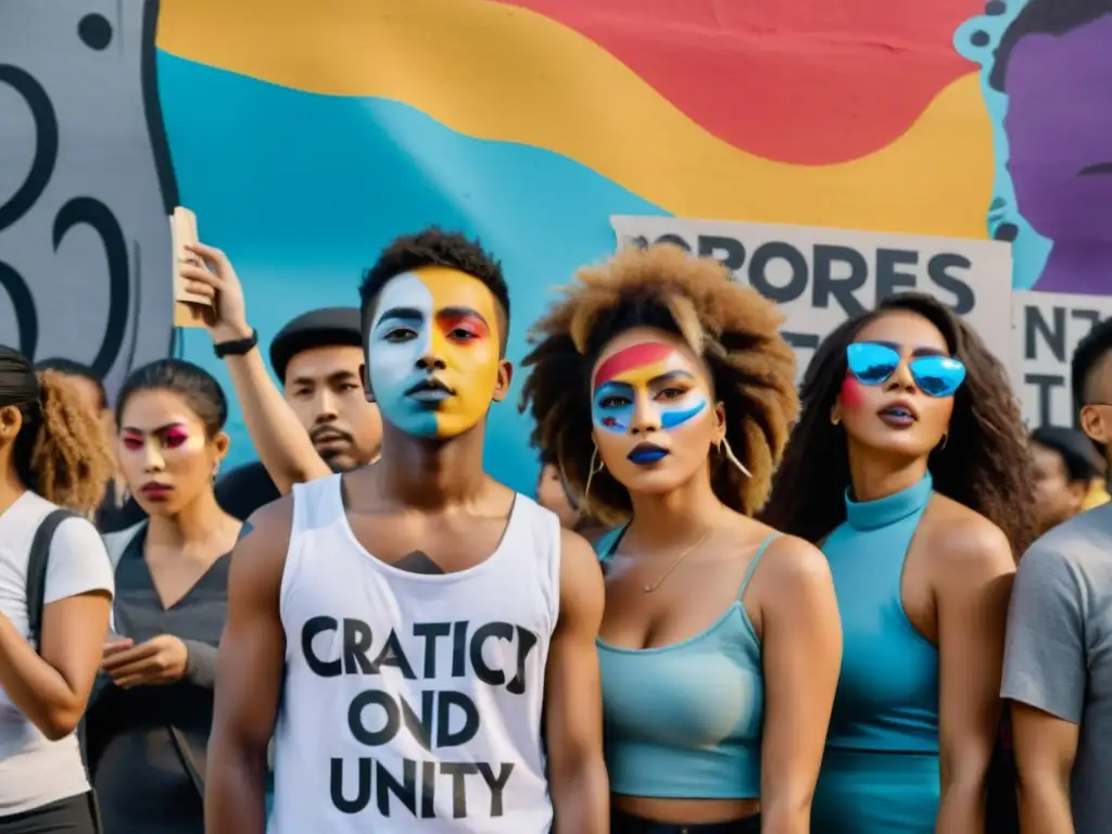 Manifestantes con maquillaje creativo y pancartas, frente a un muro graffiteado en una revolución cultural