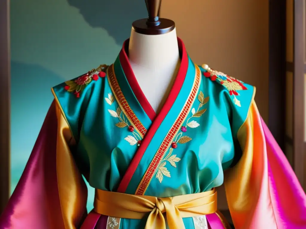 Un maniquí muestra un hanbok coreano con colores vibrantes y bordados intrincados, destacando los significados históricos del hanbok coreano